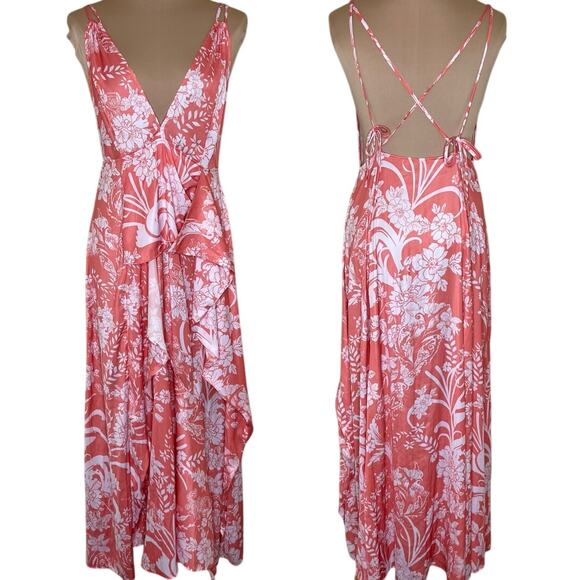 Free People Dresses & Skirts - Free People Ashley Slip Dress 8 Womens Pink Plunge Maxi Ruffle Feminine Floral